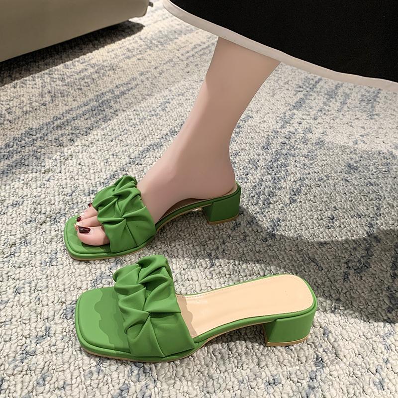 Fashion Square Head Sandals for Women's Summer New Thick Heel Pleated External Wearing Slippers Women Zapatillas De Mujer Ladies Shoes