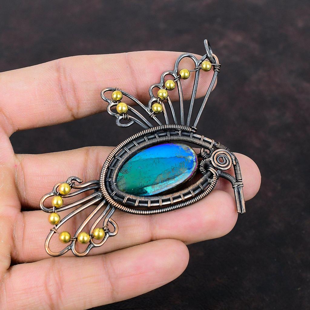 Подвеска из драгоценного камня Mystic Fire Labradorite, подвеска из медной проволоки, дизайнерская подвеска ручной работы, подвеска из медной проволоки, украшение в виде птицы, подарок для матери