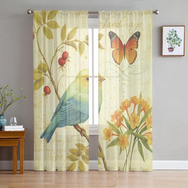 Ветка розы, птица, прозрачная вуаль, занавеска для окон, тюлевые шторы для гостиной, спальни, шифоновые шторы
