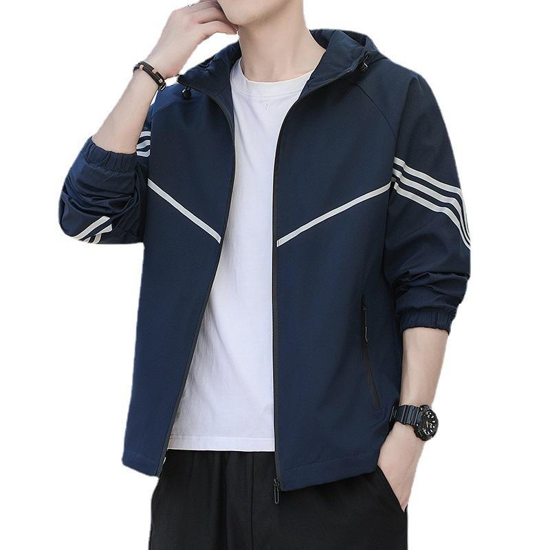 Jacket Spring and Autumn Youth Three-bar Sports Jacket Men's Breathable Top Loose Outdoor Windbreaker Hooded