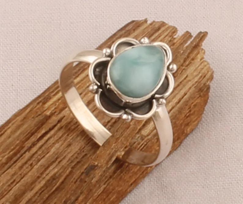 Кольцо с натуральным драгоценным камнем ларимар, ювелирные изделия из камня, кольцо с грушей, кольцо из серебра 925 пробы, дизайнерское кольцо ручной работы, уникальный подарок, обручальное кольцо