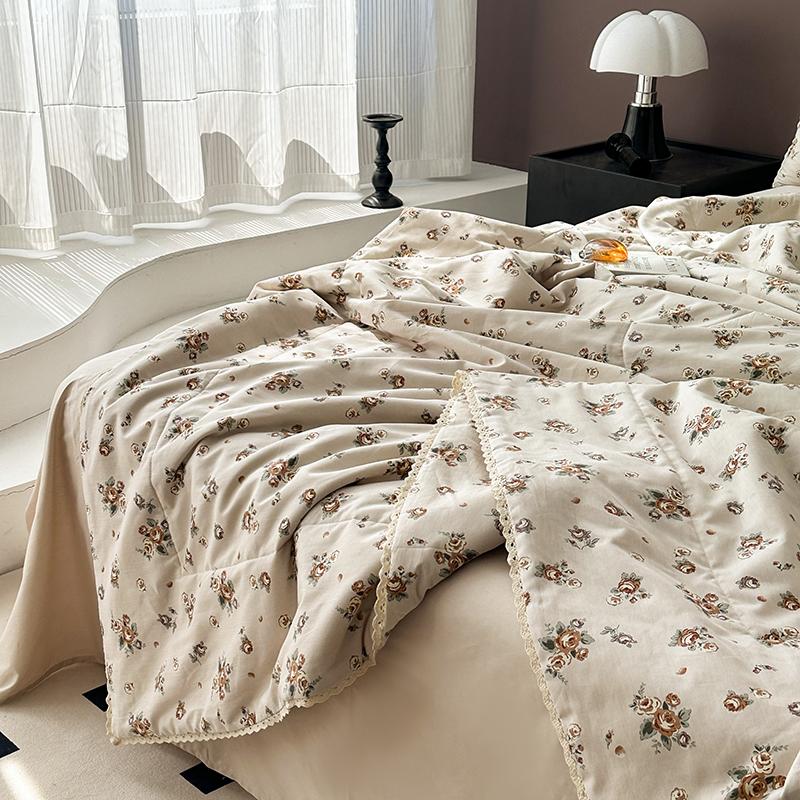 Rose Garden Vintage Floral Summer Quilt Khaki 100% Cotton Reversible Thin Comforter Bedding Set Air Conditioner Quilts Bedspread