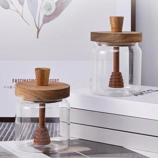 Glass Honey Jar 400ml Transparent Sealed Tank with Wooden Lid Dip Sticks Airtight Canister Syrup Dispenser for Home Kitchen Bar