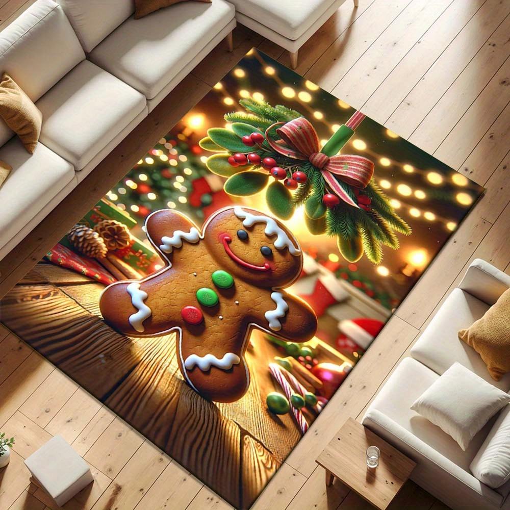 1pc Christmas Themed Rug, Happy Gingerbread Man Print, Bedside Carpet, Non slip Laundry Room Mat, Machine Washable Water Absorbing Entrance