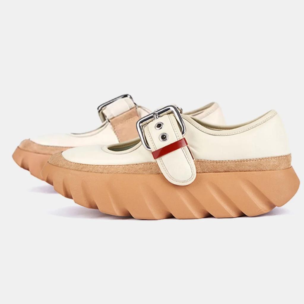 Mary Jane Shoes Women Metal Belt Buckle Shallow Thick-Soled Shoes Platform Height-Enhancing Sneakers Round Toe Sports Shoes