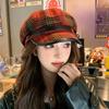 Plaid Octagonal Hat Women's Winter Literary and Retro Ankara Red Beret Cap Warm Face Newsboy Hat