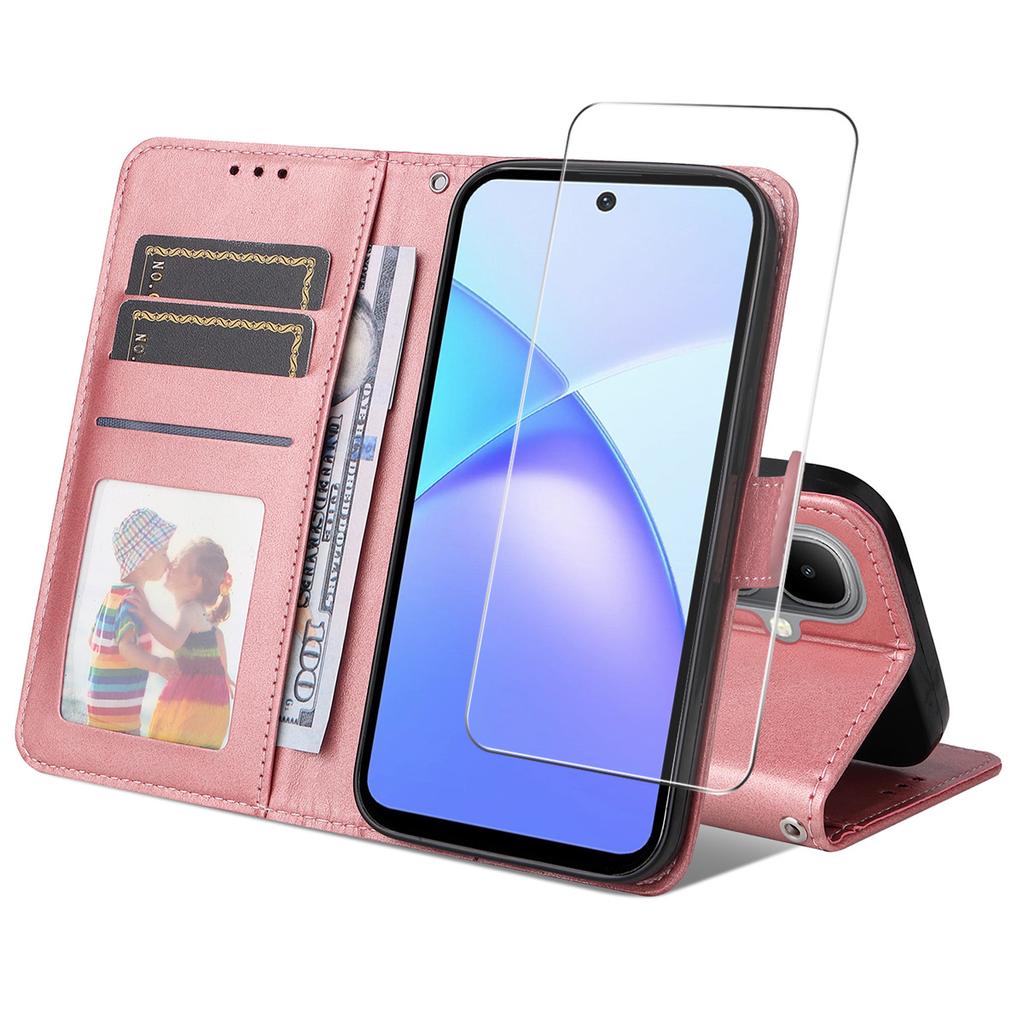 For TECNO Pop 10/Infinix Smart 10 PU Leather Wallet Case Phone Stand Cover with Tempered Glass