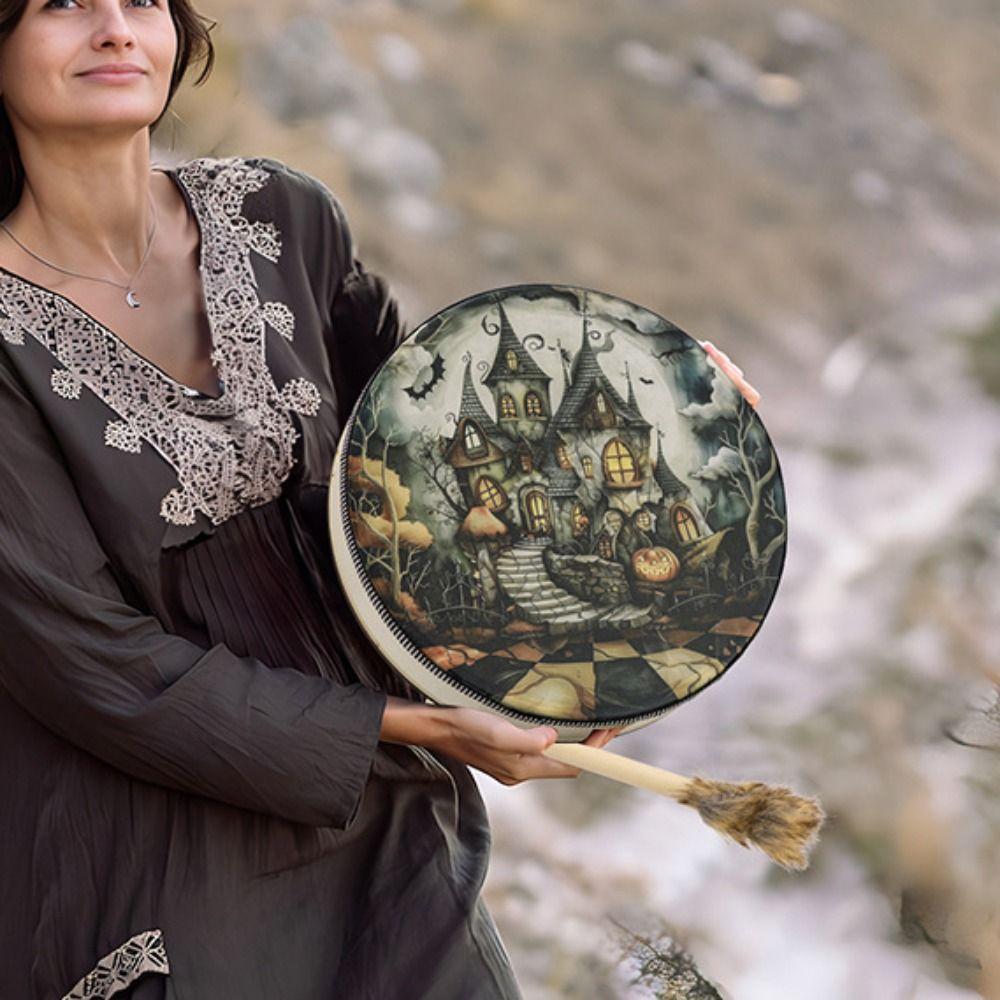 Ручной работы Шаманский барабан на Хэллоуин с палочкой Ручной барабан Декоративные барабаны на Хэллоуин Хэллоуин