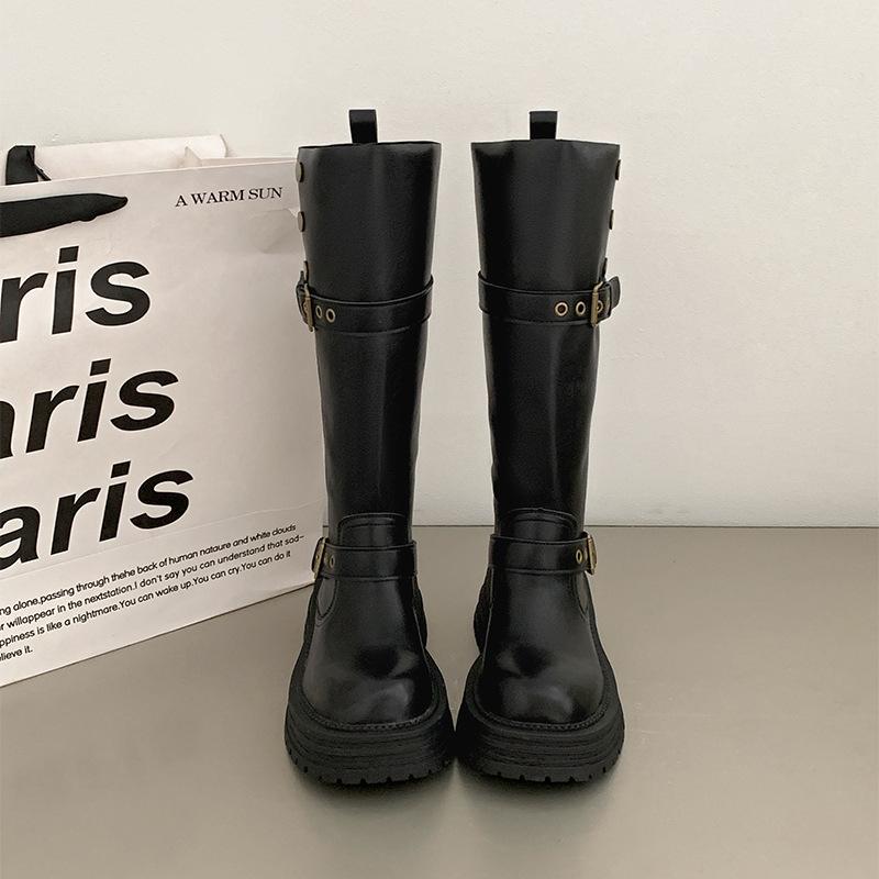 Brown Retro British Style Thick Heel Platform Boots Women's 2025 New Spring and Autumn But Knee Height Knight Boots