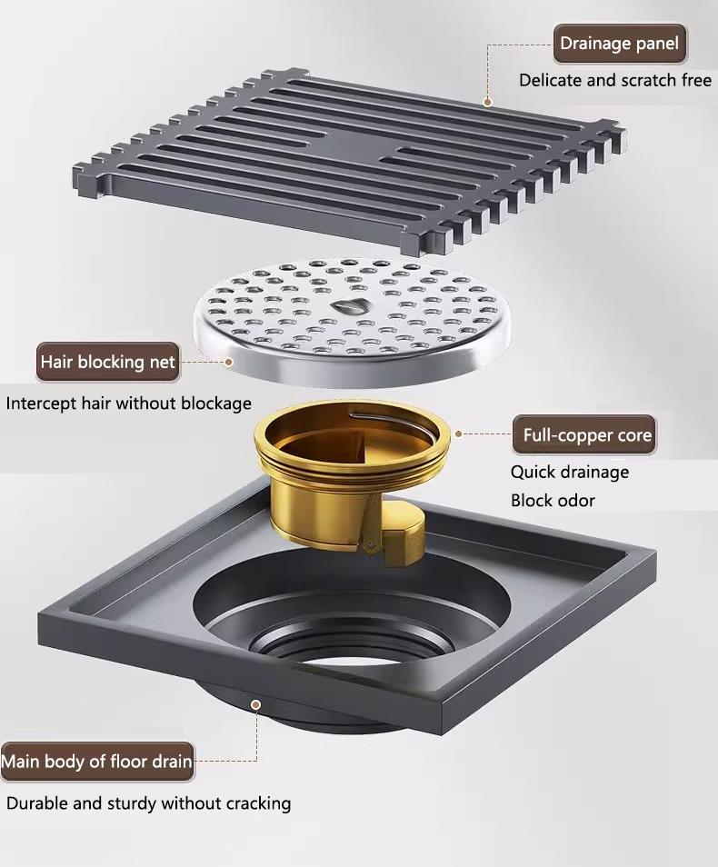 Condibe Modern Hotel Bathroom 100x100mm Eco-Friendly Stainless Steel Floor Drain