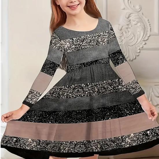 Повседневное платье для девочек с принтом рождественской елки, снежинки, единорога, круглым вырезом и длинными рукавами, детское платье принцессы