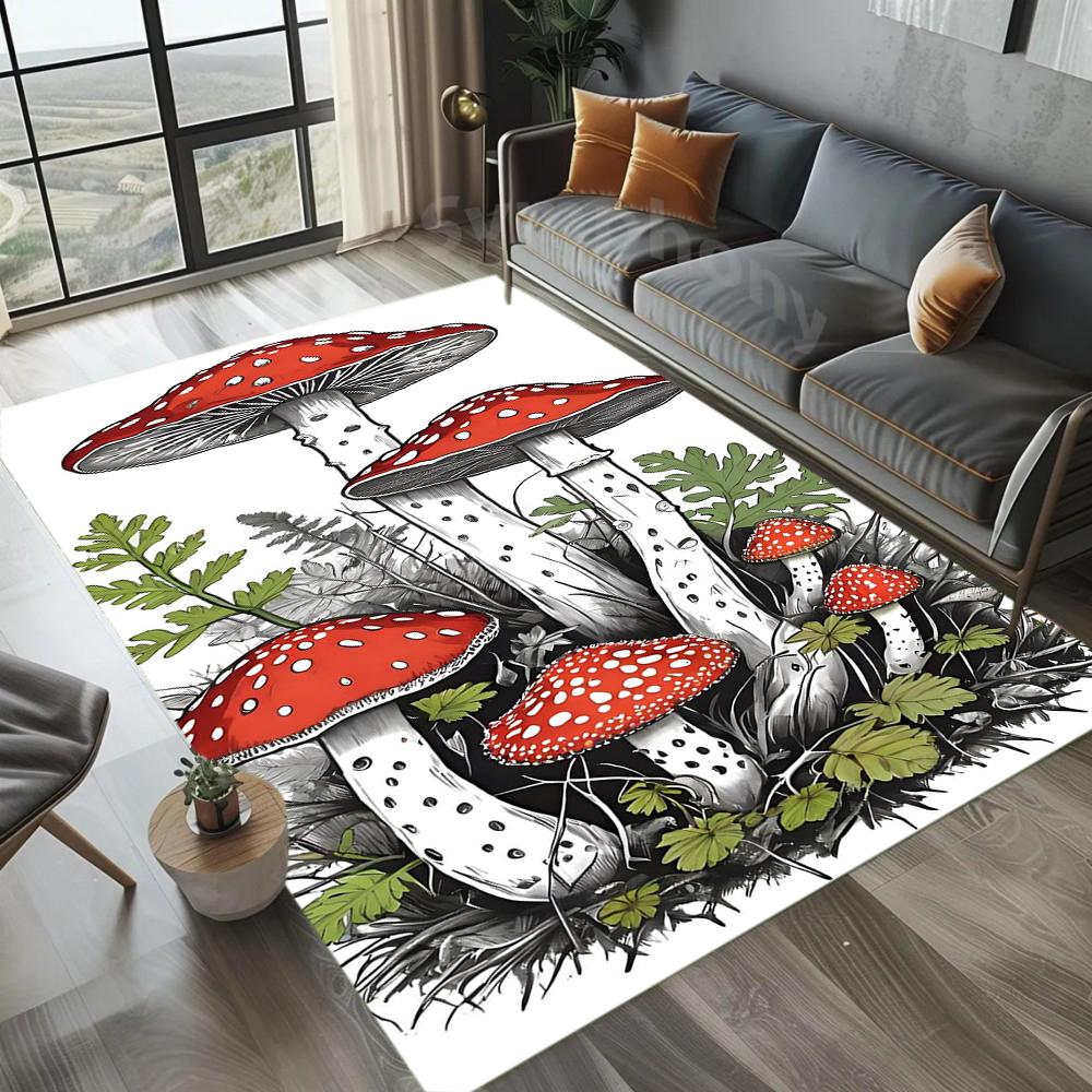 Mushroom Design Carpet Mat Rug Fern Leaves Forest Illustration Nature Pastoral Home Decoration for Living Room Bedroom Floor Mat