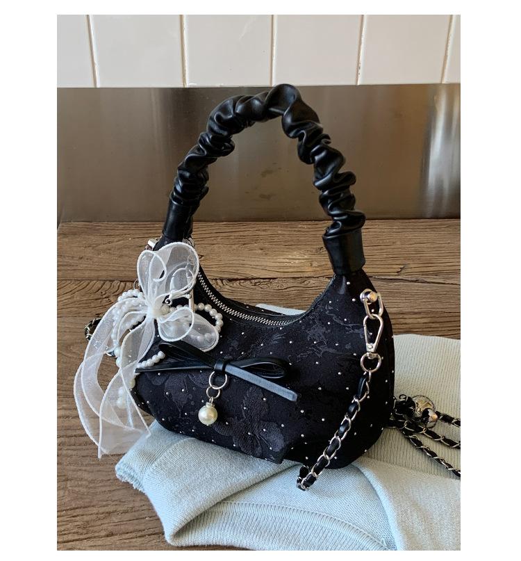 Летняя сумка-тоут в иностранном стиле с плиссировкой, женская, новая 2025, нишевая, универсальная, с бриллиантами, повседневная, на цепочке, на плечо, мессенджер