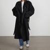 Womens Solid Color Lapel Long Wool Coat Double Breasted Casual Commuter Outerwear