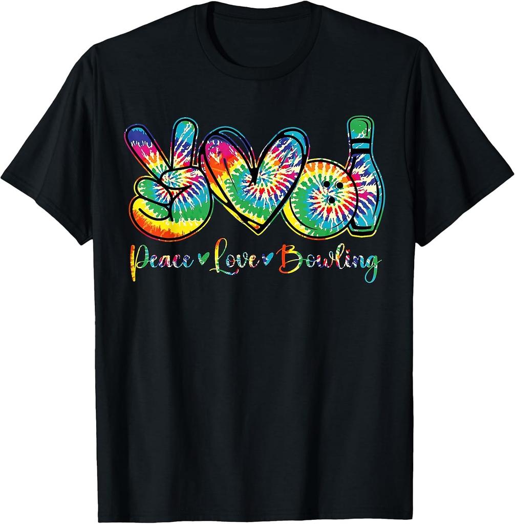 Vintage Tie Dye Peace Love Bowling Graphic Tee for Enthusiasts