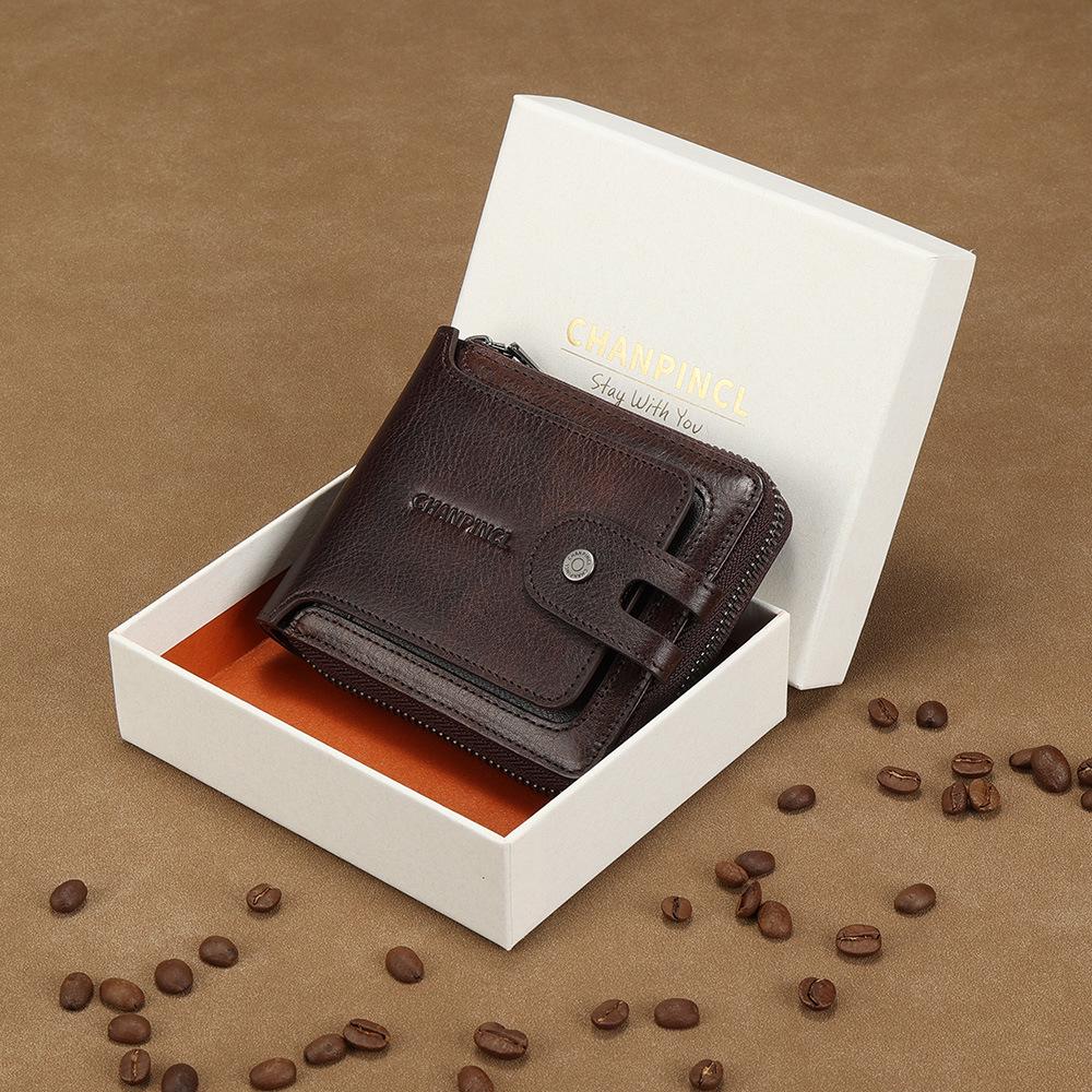 Мужской кожаный кошелек с пряжкой и молнией - многофункциональный, с карманом для монет