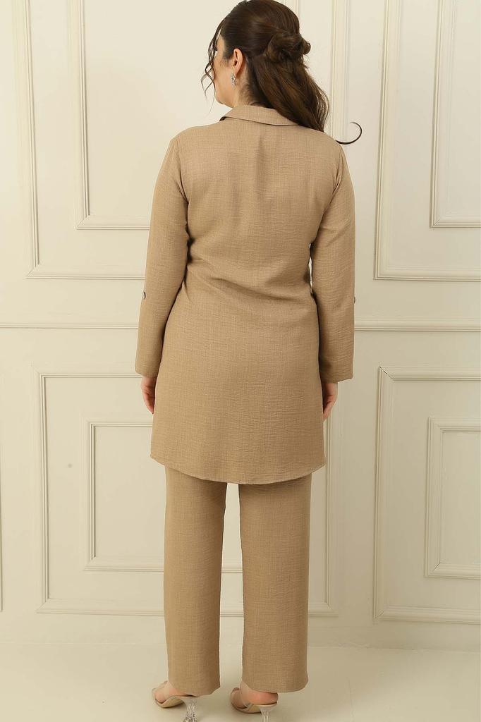 Single Pocket Sleeve Folded Shirt Elastic Waist Palazzo Trousers Linen Effect Large Size 2 Piece Set