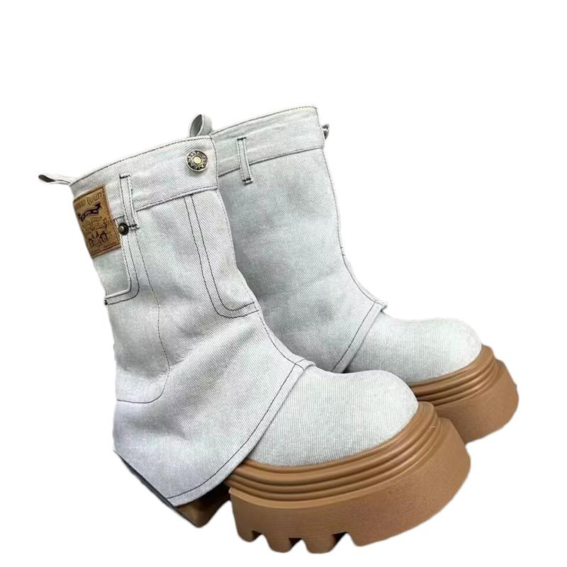 Women Platform Cowboy Mid-Calf Chelsea Boots Mid Heels Designer Shoes New 2024 Winter Fad Motorcycle Boots Goth Zapatos Femme