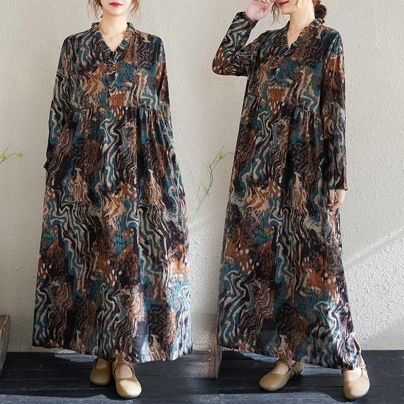 Настоящее весенне-летнее новое ретро-платье из хлопка и льна с принтом, свободное повседневное платье с воротником-грибком и длинными рукавами, с большими складками