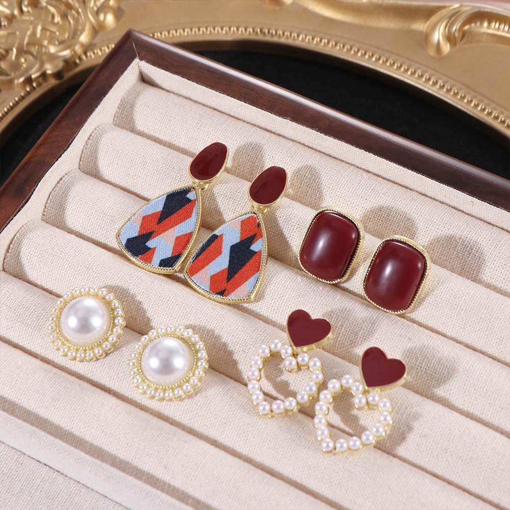 Ретро Жемчужные Пусеты Элегантные Барочные Серьги-пусеты Винно-красные Геометрические Серьги Девушка