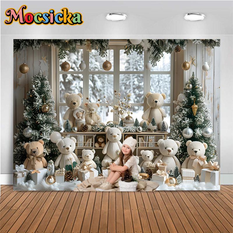 Mocsicka Christmas Backdrop Photography Washable Soft Home Xmas Tree Bear Window Decors Children Photo Background Shooting Props