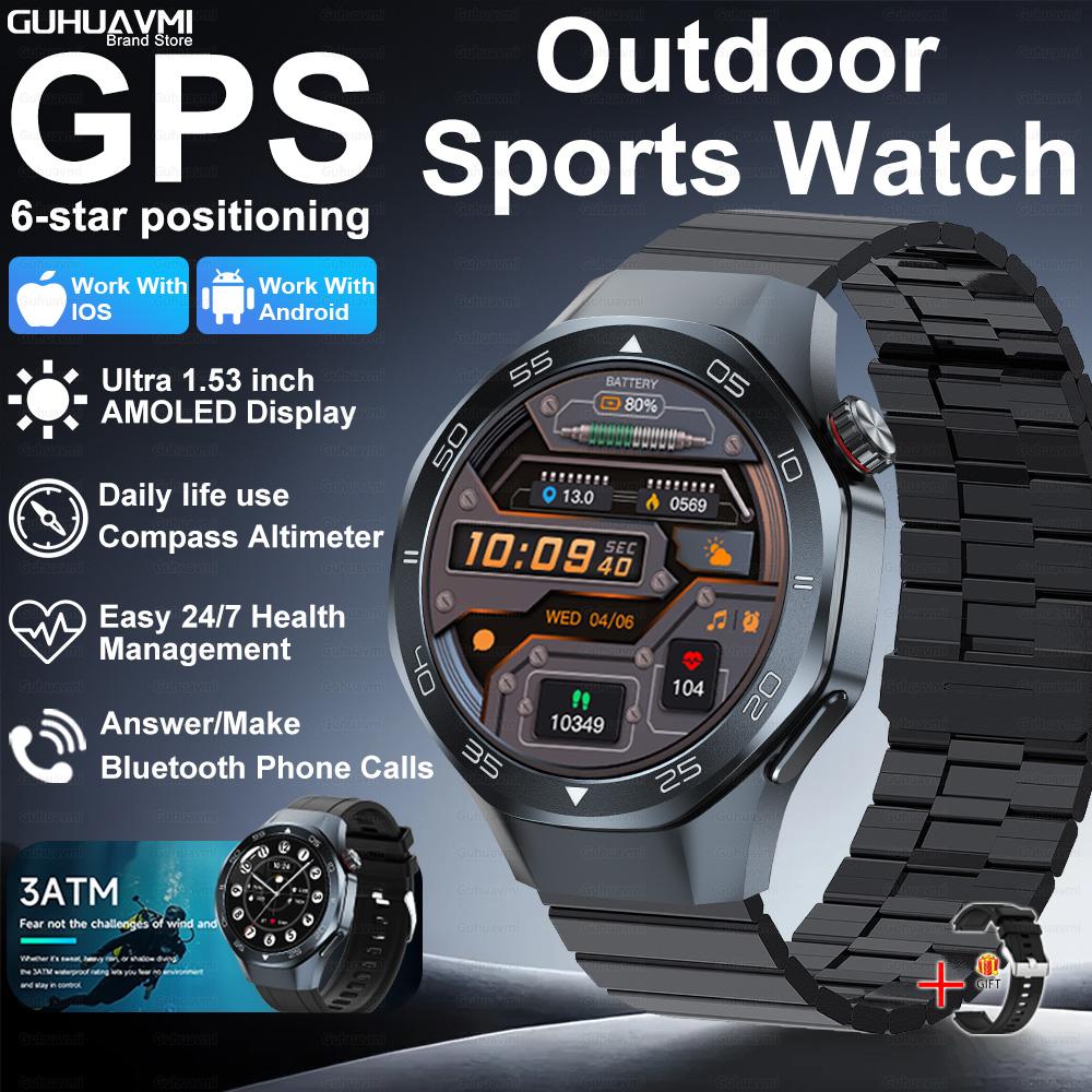 Новые умные часы с GPS-позиционированием для мужчин, 1,53-дюймовый AMOLED HD-экран, компас, датчик сердечного ритма, водонепроницаемость 3ATM, звонки, спортивные, деловые умные часы