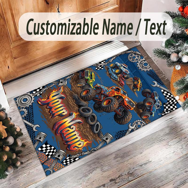 Monster Truck Theme Crystal Velvet Rug Personalized Custom Name Text Soft Floor Mat Home Decor