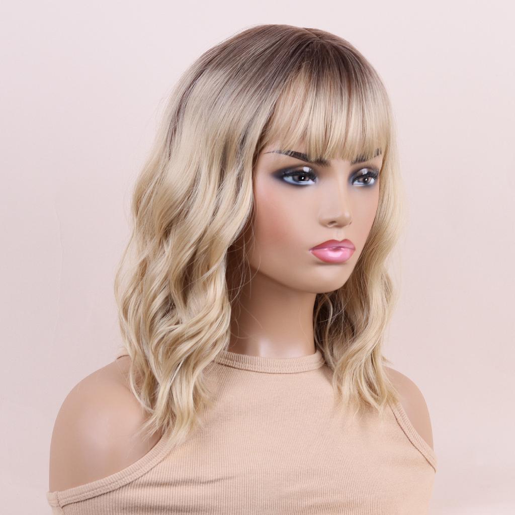 Pink Blond Dark Brown Synthetic Wigs Short Wavy Bob Wigs with Bangs for Women Daily Cosplay Natural Hair Wig Heat Resistant Fiber
