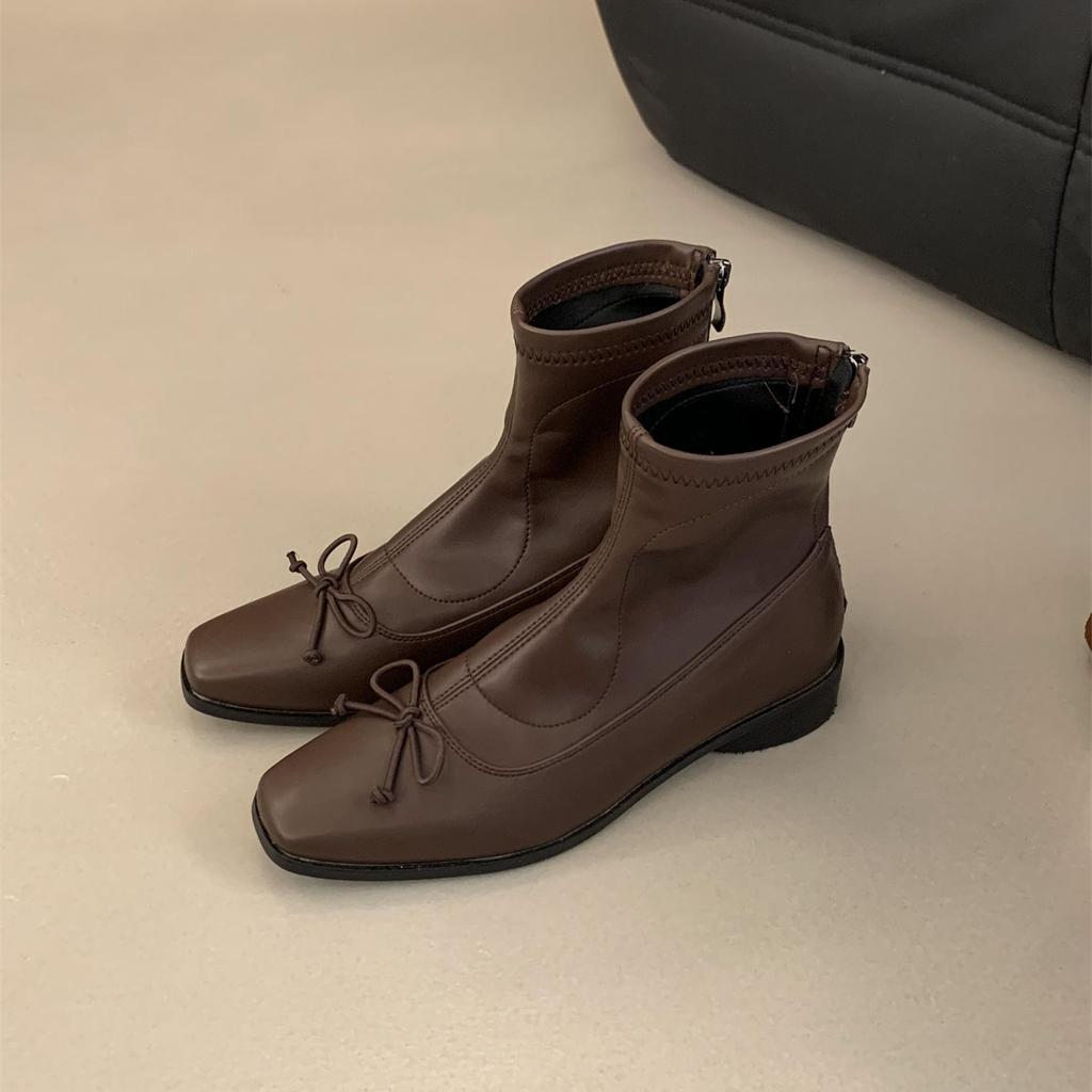 Women's Fashio Slim Short Boots Back Zip Closure Elegant Lady Shoes Squre Toe with Bow Knot Modern Ladies Short Boots Shoes