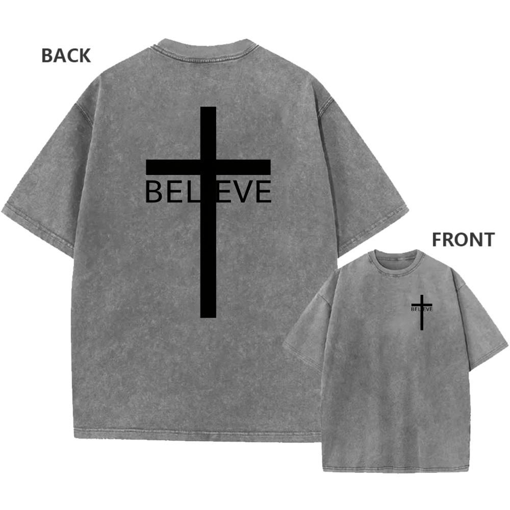 Мужская винтажная оверсайз стираная хлопковая футболка Cross BELIEVE Faith Повседневная футболка