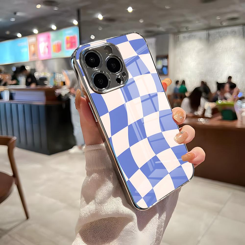 Чехол-шахматка C для iPhone 17 Pro Max 15 Pro 16 14 Plus 12 13 Mini 11 Pro, противоударный, гальванизированный, стеклянная крышка