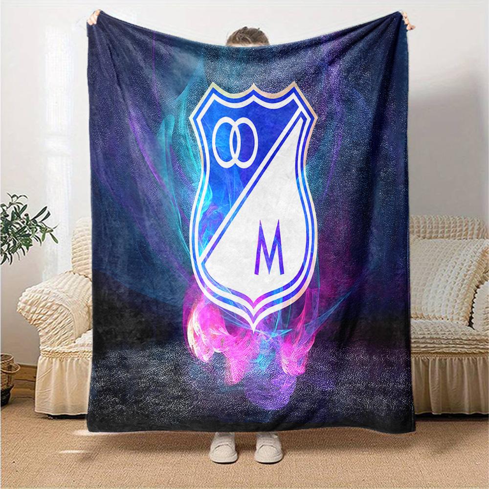 Blue And White Shield Millonarios Flannel Blanket, Soft Polyester, Modern Design, All-Season for Camping, Travel, Gifts for holidays or birthdays