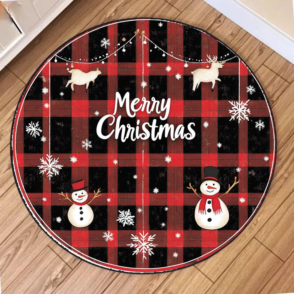 Christmas Red Checkered Round Carpet Living Room Mat Festive Red Festive Atmosphere Decorated Christmas Tree Home Rug Decoration