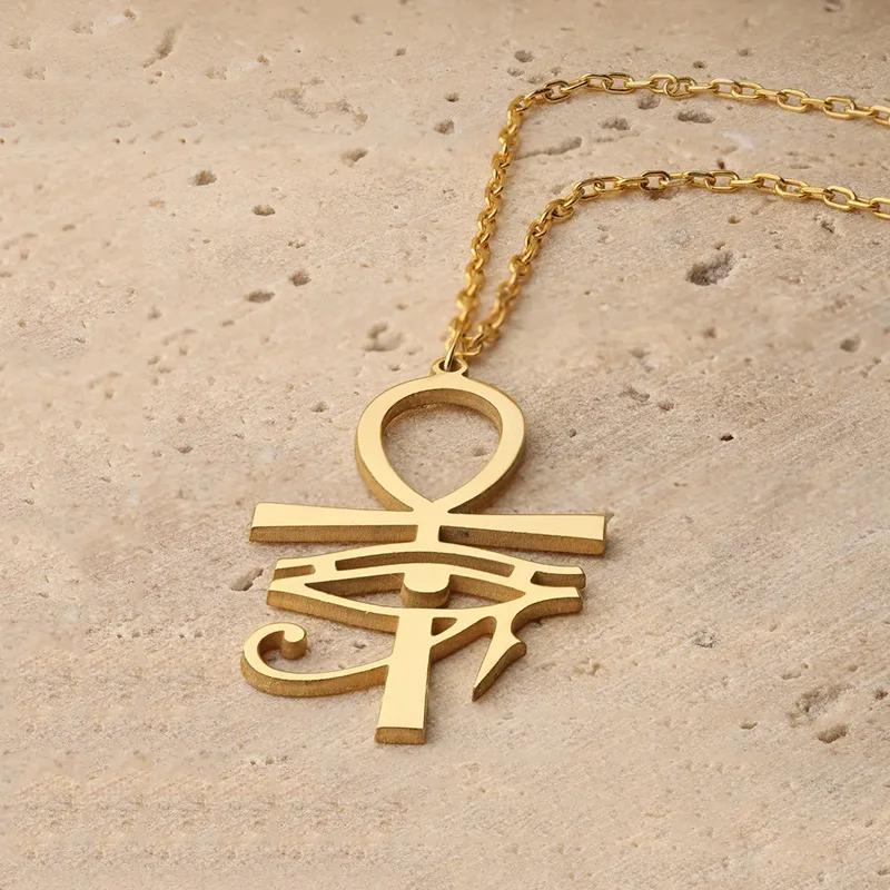 14K Gold Plated Pendant Necklace Ancient Egypt Egyptian Ankh Eternal Life Cross Eye Horus Key Life Amulet Talisman Protect Health Jewelry Charming