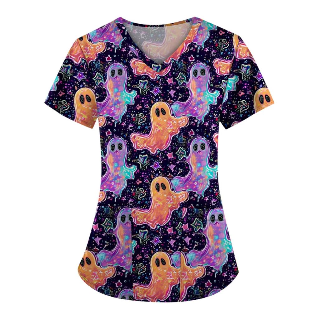 Плюс размерСкраб с принтом Рабочая форма Топы для женщин Крест V-образным вырезом Хэллоуин Принт с короткими рукавами Забавные футболки Спецодежда Футболка с карманами