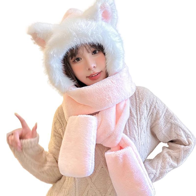 Winter, Plush Hat, Scarf and Gloves In One, Versatile, Thick and Warm, Ear Protection and Neck Protection Three Piece Set, Female, Three In One