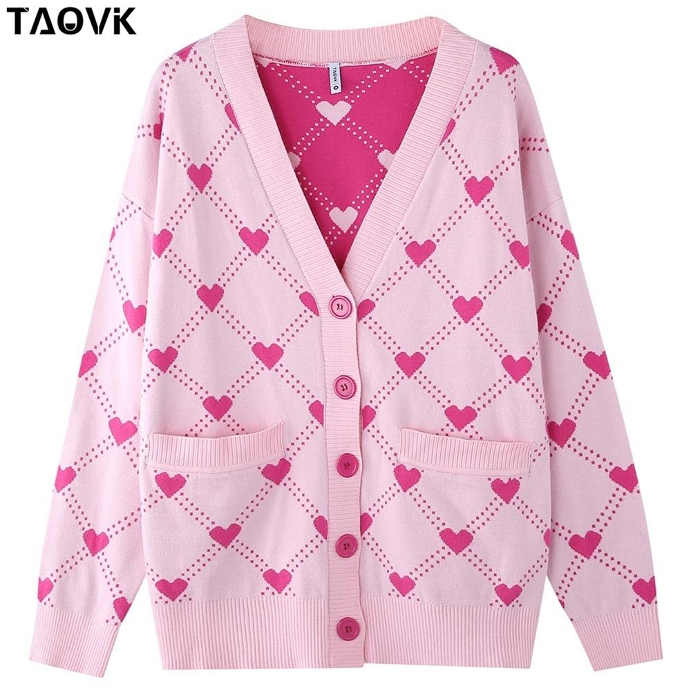 TAOVK Женские вязаные кардиганы, женские свитера с v-образным вырезом и сердечками, свободные повседневные трикотажные изделия с карманами, джемперы Kawaii, Лидер продаж