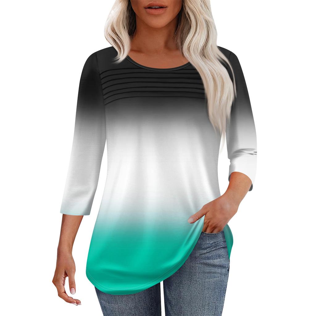 Women's Fashion Round Neck Pleated Front Placket Solid Color 3/4 Sleeve Top