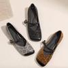 French Square Head Flat Bottom Shallow Mouth Single Shoes Spring and Autumn New Low-heeled Leopard Print One-word Belt Buckle Shoes