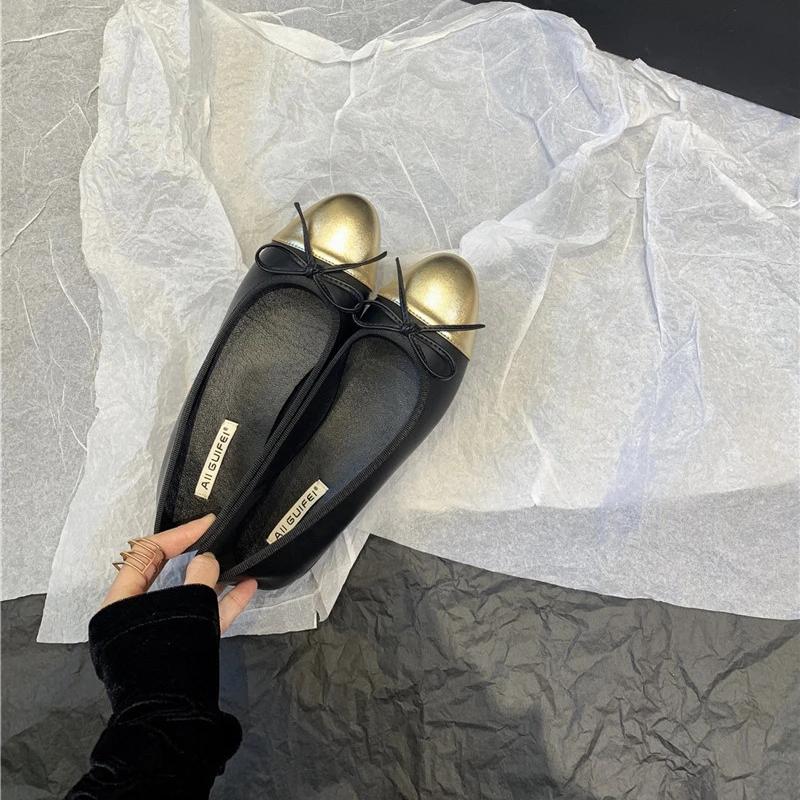 Женские кожаные туфли на плоской подошве, модные повседневные балетки с круглым носком и бантом, мягкие мокасины черного цвета с бежевым, туфли в стиле Лолиты