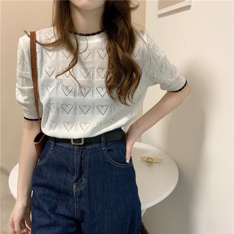 Летний кремовый Love White Lazy Wind короткий трикотажный топ женский свободный универсальный низ пуловер свитер повседневный Essential Slim Fit пуловеры футболки