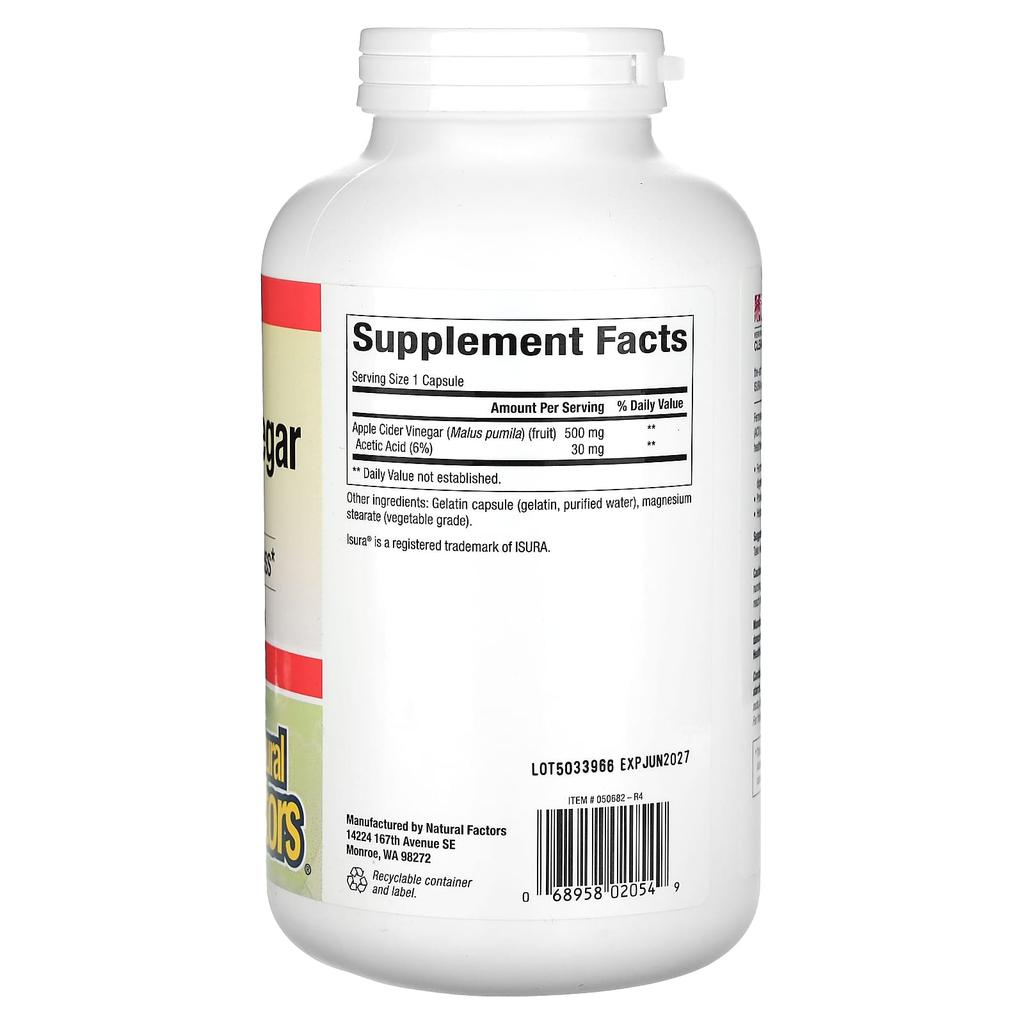 Natural Factors, Яблочный уксус, 500 мг, 360 капсул