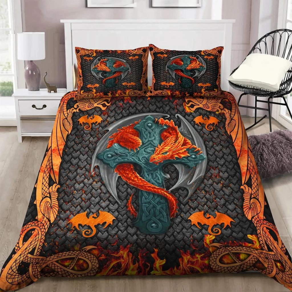 Пододеяльник с принтом дракона King Queen Western Magic Dragon Комплект постельного белья для подростков и взрослых Древнее мифическое животное Полиэстеровый пододеяльник