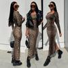 Women's Sexy Slim Leopard Print Long Skirt Square Collar Hot Girl Slit Dress