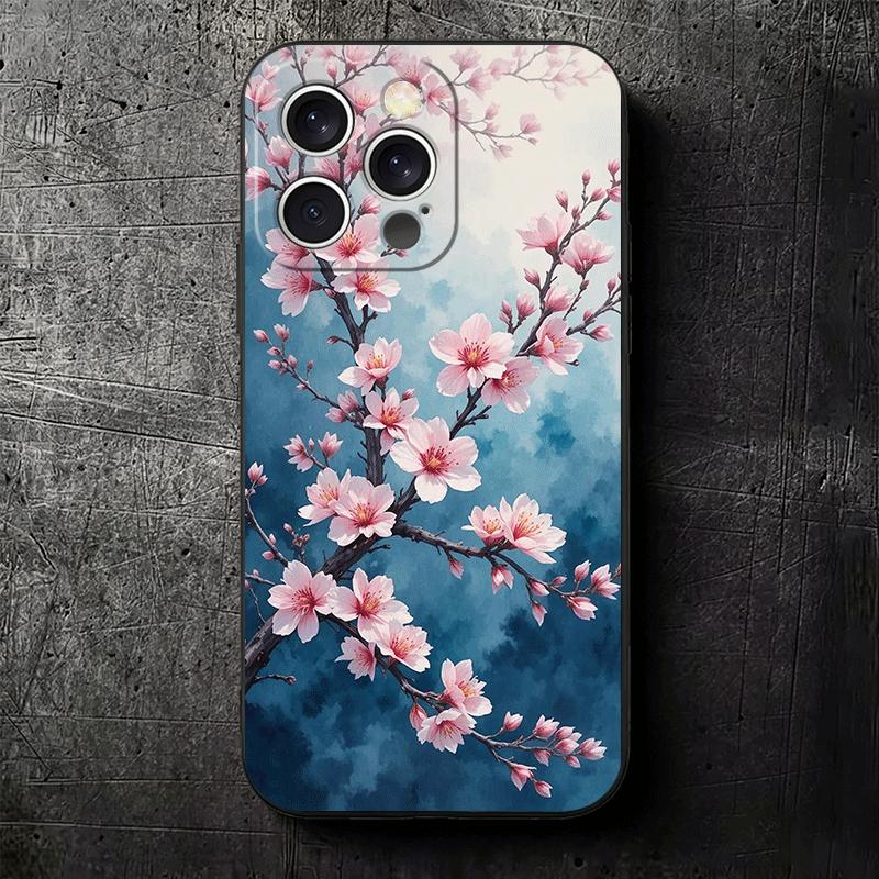 Cherry Blossom Sakura Fashion Soft Phone Case for iPhone 16 16E 17 Air 15 Pro Max 14 Plus 13 Mini 11 12 7 Black Cover Back Shell