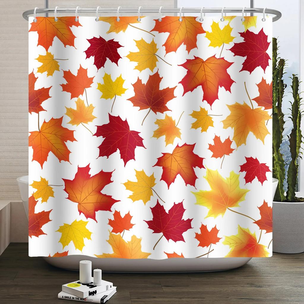 Autumn Forest Maple Shower Curtain Natural Jungle Leaves Pumpkin Fall Bathroom Shower Curtain Waterproof Shower Curtain Decor