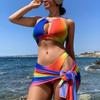 Women's Fashion 3 Pieces Rainbow Bikini Set Padded Backless Swimsuit Sexy Swimwear Set Halter Top High Cut Briefs and Lace Up Cover-up Bathing Suit