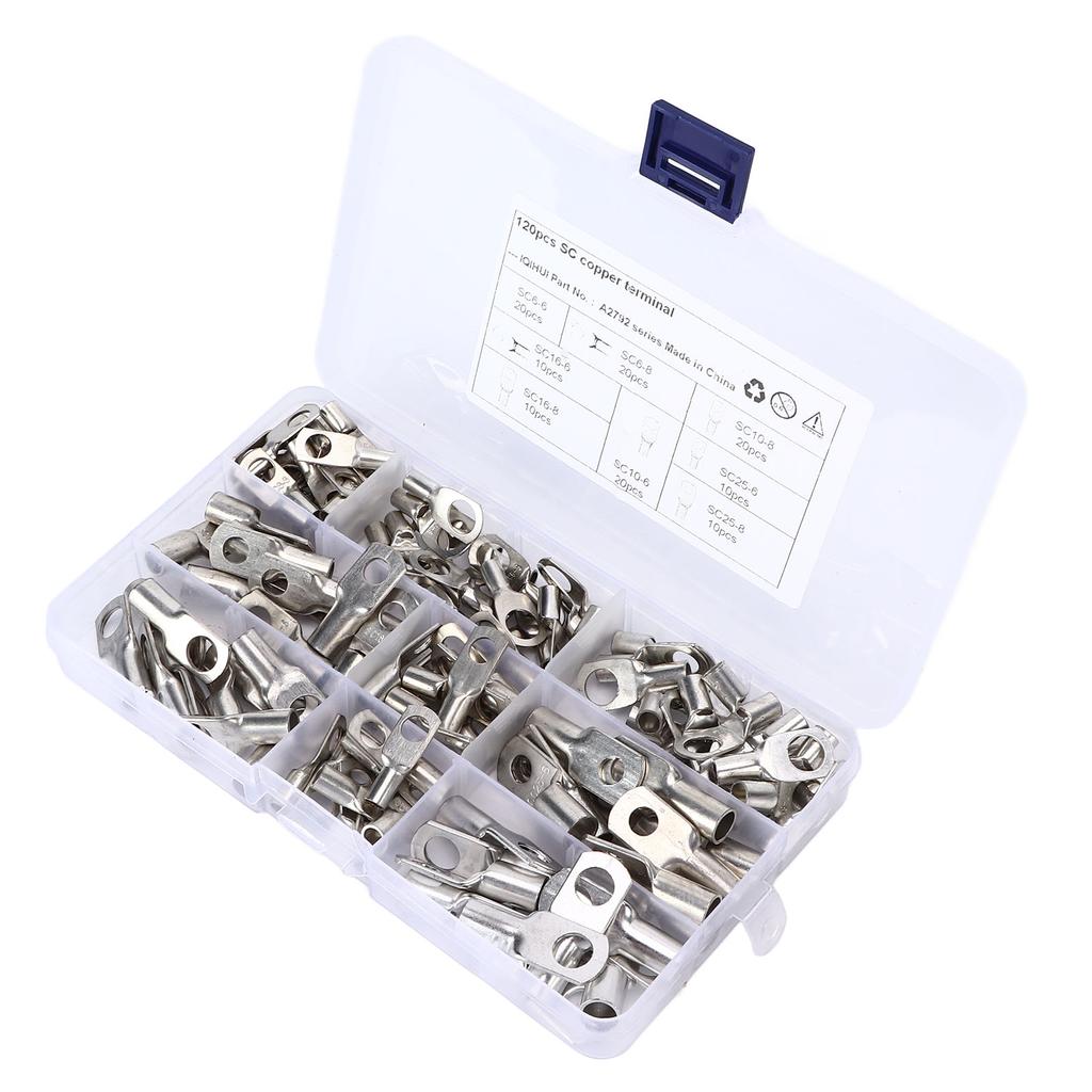 120pcs Battery Crimp Terminals 8 Sizes Copper T2 Tinned SC Wire Ring Connector for Marine Automotive