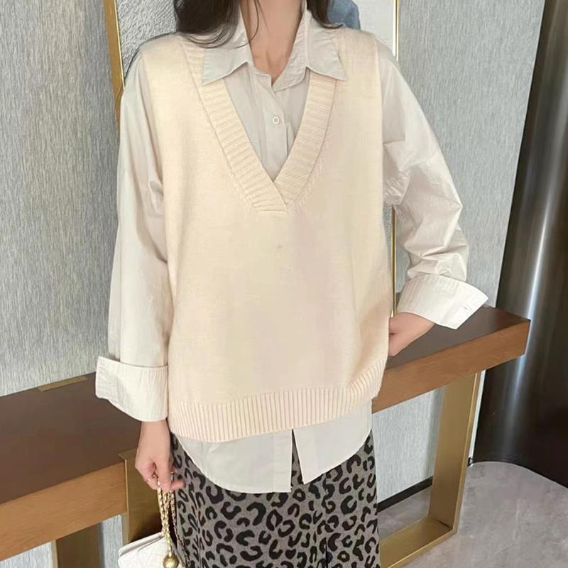 Свитер с v-образным вырезом, женский осенне-зимний корейский однотонный вязаный жилет, повседневный свободный модный свитер без рукавов в консервативном стиле, жилет