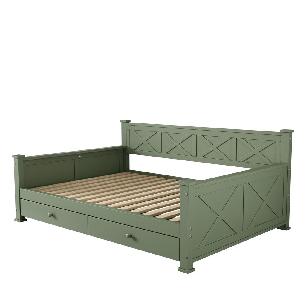 Sofa Bed Flieks 90x200 Daybed with Storage Space, Functional Bed with 2 Drawers, Green